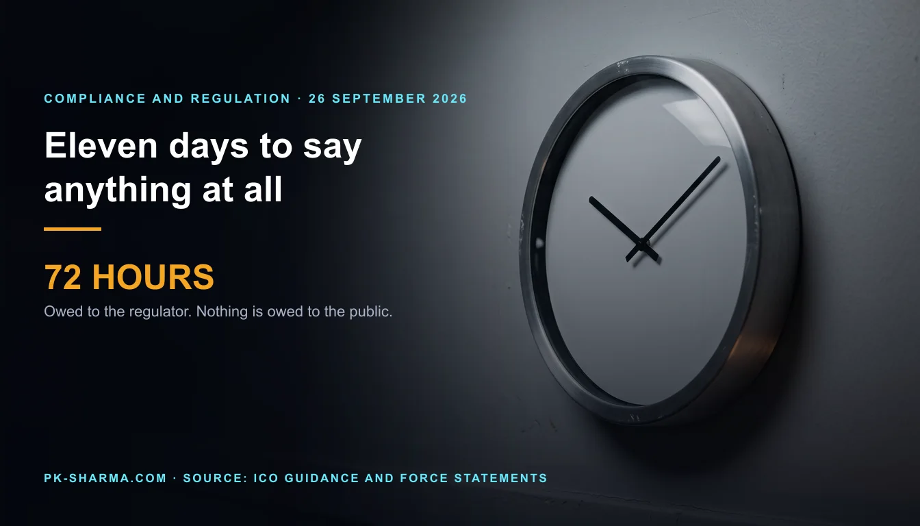 Editorial illustration for the briefing: Eleven days from identifying the incident to telling anyone. The 72 hour clock is a different clock