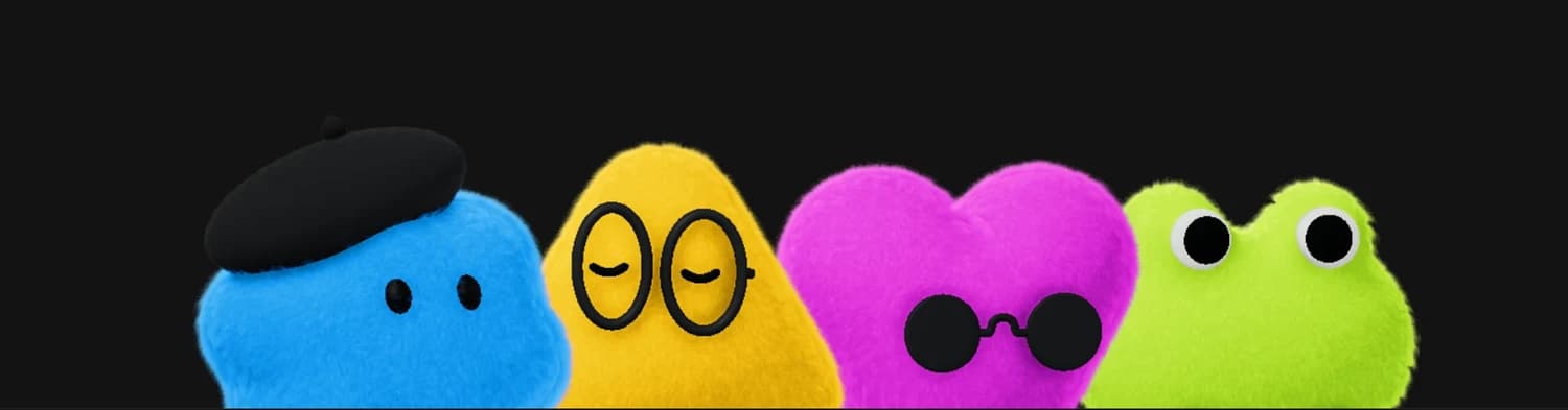 Four soft, fuzzy cartoon characters on a black background: a blue cloud-shaped one wearing a black beret, a yellow rounded triangle wearing round black glasses with closed eyes, a pink heart wearing round dark sunglasses, and a green frog-like one with large white eyes.