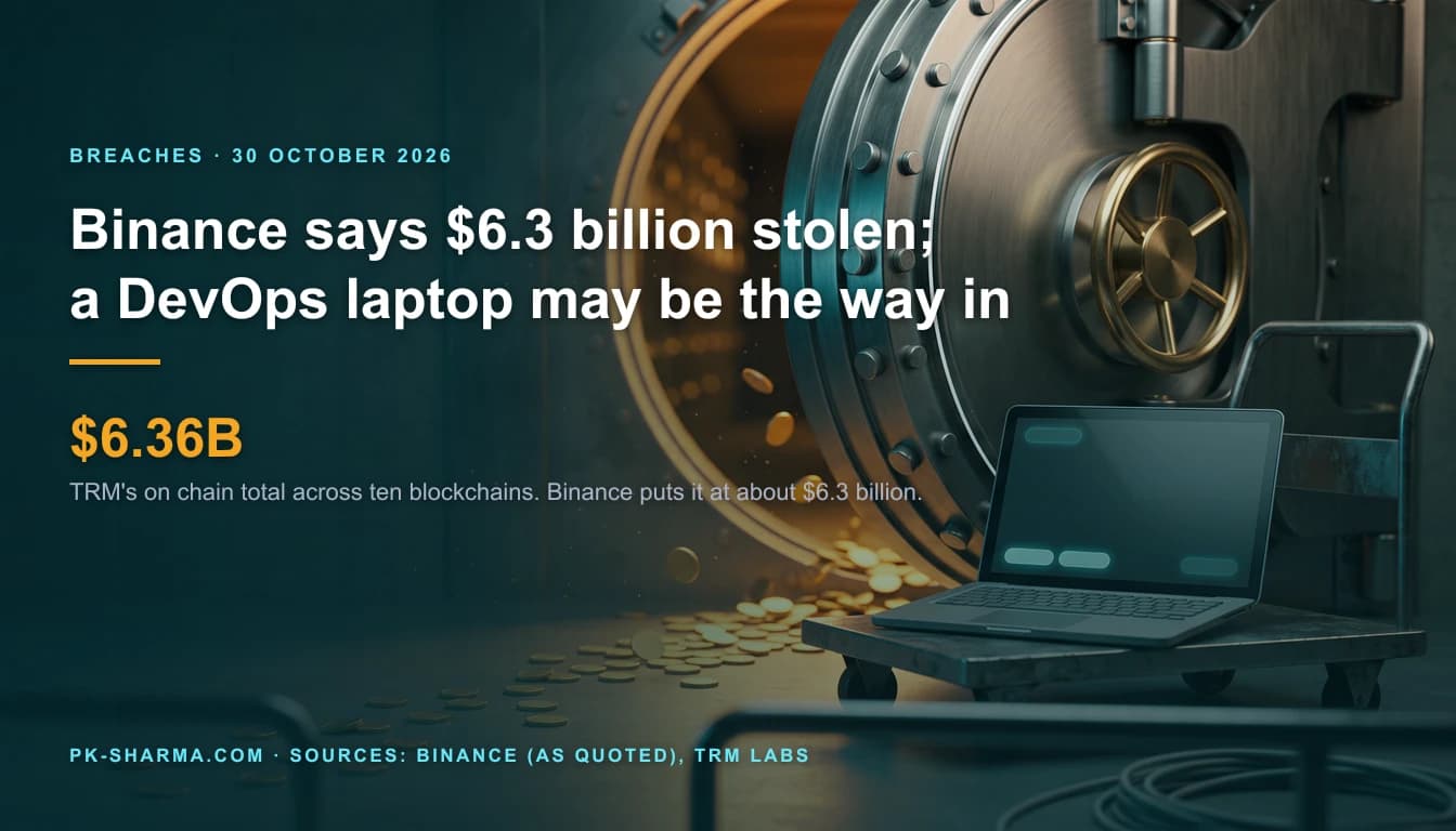 A bank vault door standing open at night with amber light spilling from inside, a grey laptop on a steel trolley in front of it, and a thin line of blank gold coins spilling across the floor towards the left. The left side carries the headline and the figure $6.36B.