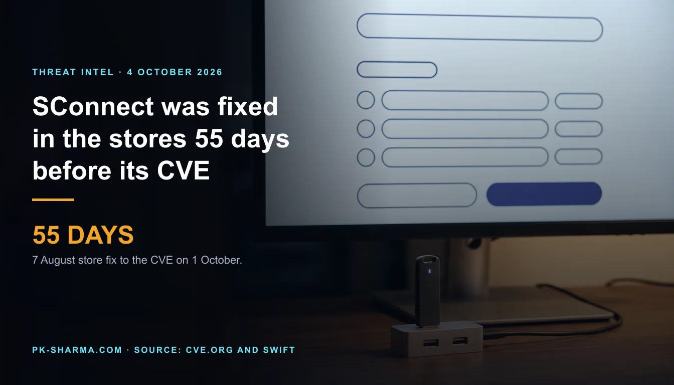 A dark finance desk at night. A wide monitor shows a payment approval page made only of blank rounded shapes, with one solid indigo button. In the foreground a small plain USB hardware token sits plugged into an unmarked aluminium hub on a walnut desk.