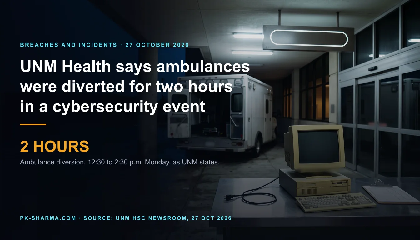 A dark hospital emergency entrance at dusk. A plain white ambulance stands with its rear doors open under a covered bay, beside shut glass doors and a blank overhead sign with one empty rounded outline. In the foreground an old beige desktop computer with a dark screen sits on a steel counter, its power cable unplugged and coiled beside a clipboard of blank sheets. The left side is empty dark blue with the headline and a stat drawn over it: 2 hours.