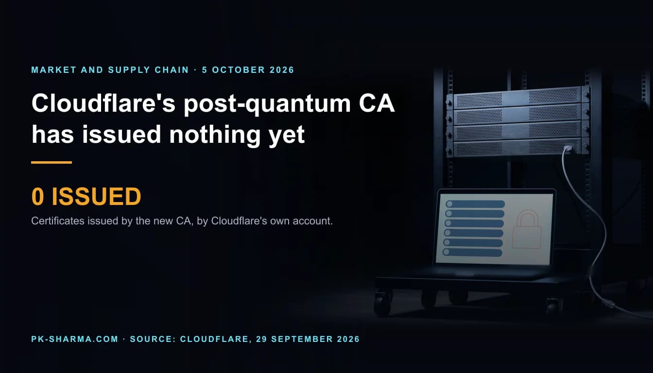 A dark server room with a black rack of four plain servers and, on a rolling cart in front of it, an open laptop whose screen shows a list of six blank rounded pills and a hollow amber padlock outline, to suggest a certificate list with nothing issued yet.