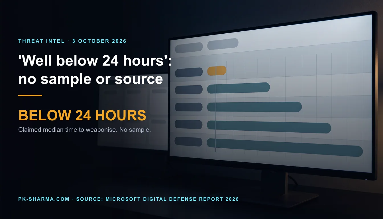 Editorial illustration for the briefing: Microsoft's median weaponisation time, 'well below 24 hours', comes with no sample, period or source