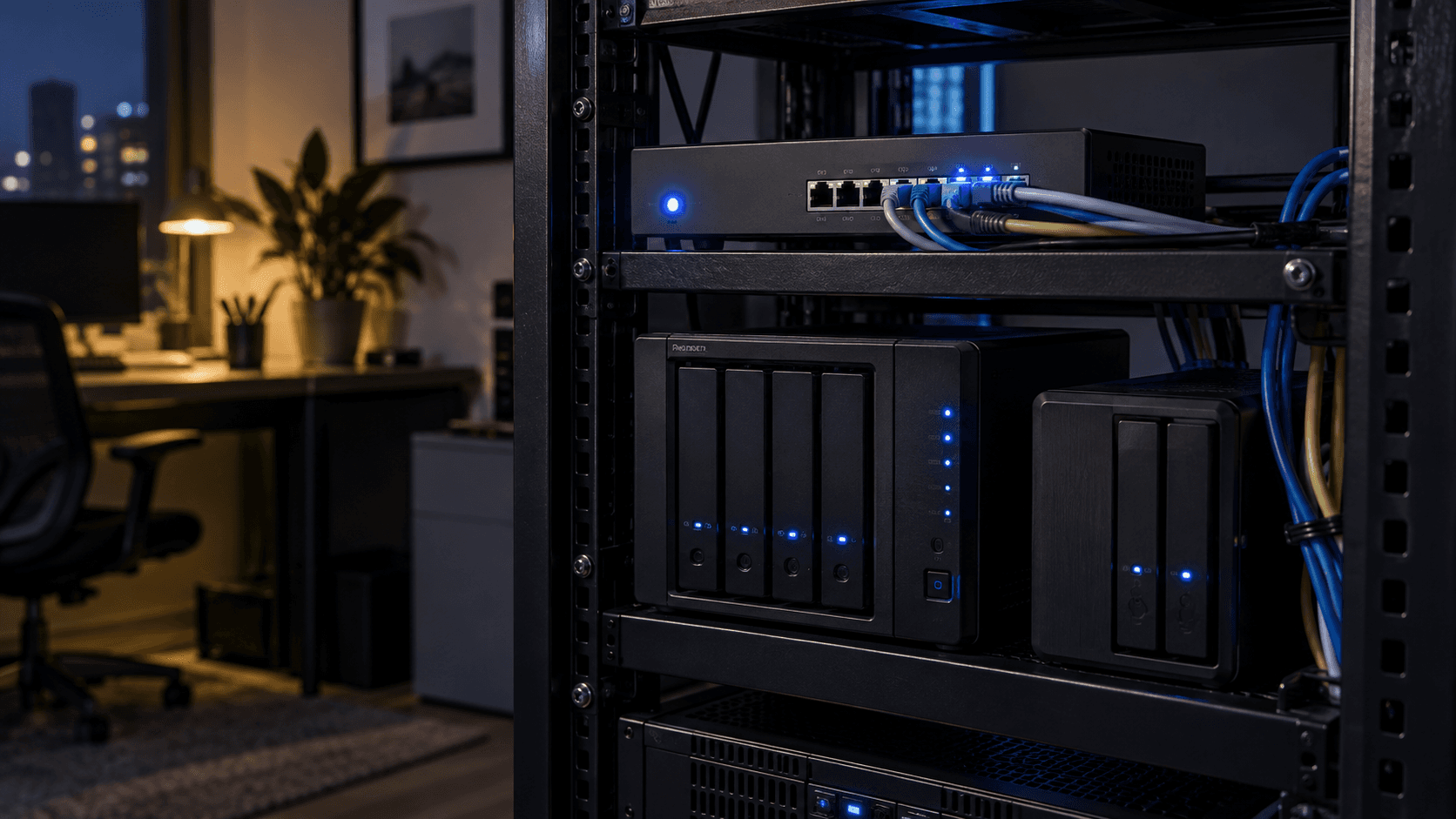 Illustrative photograph of network edge devices in a home office; no victim device is shown.