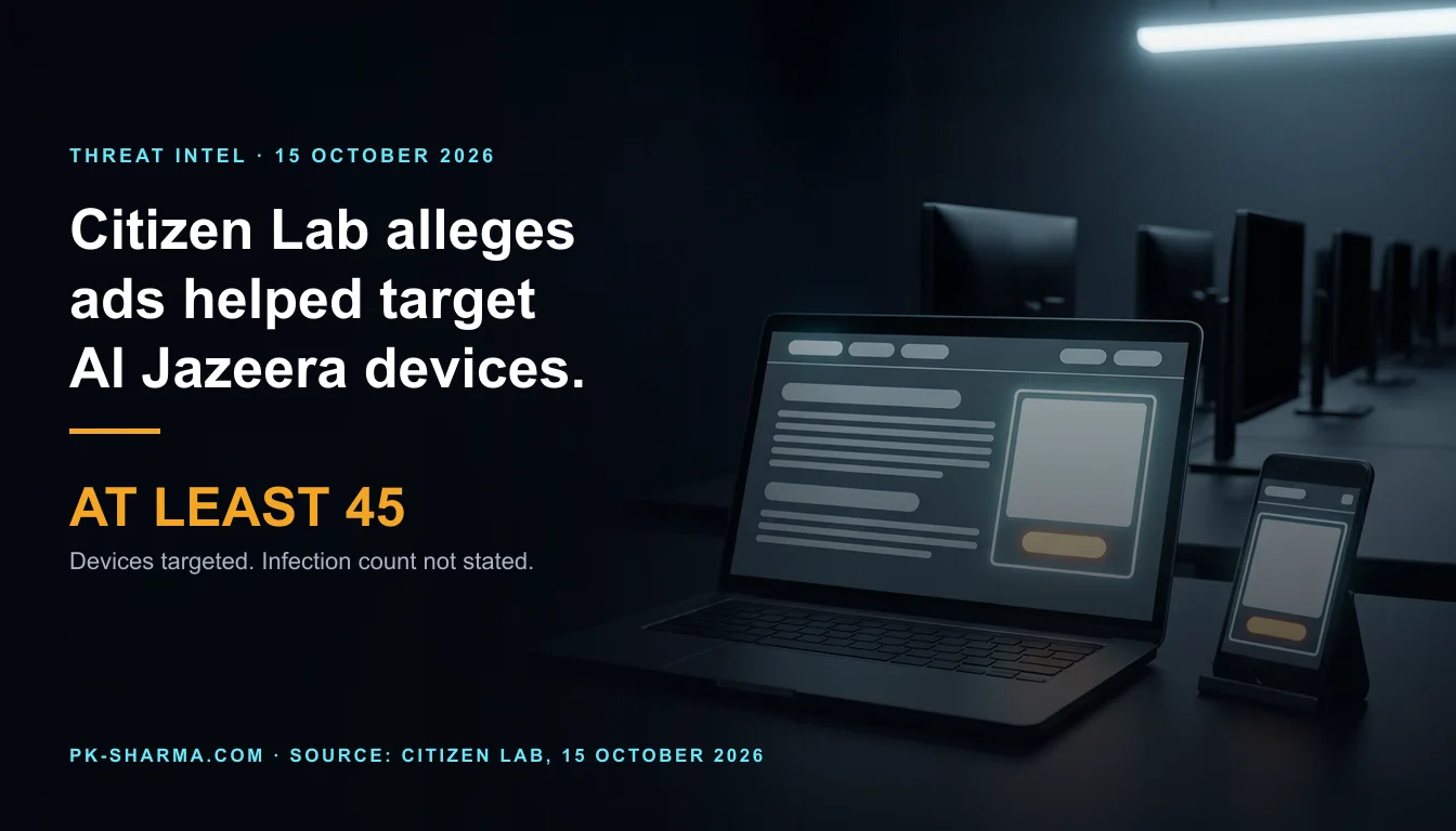 A matte graphite laptop and a plain black smartphone on a dark desk in a night office, each showing a page of empty grey bars with one bright rectangular advertising slot holding a blank panel and an amber empty button. Behind them a row of identical dark monitors recedes. The left half is empty dark blue, with the headline and a stat drawn over it: at least 45.