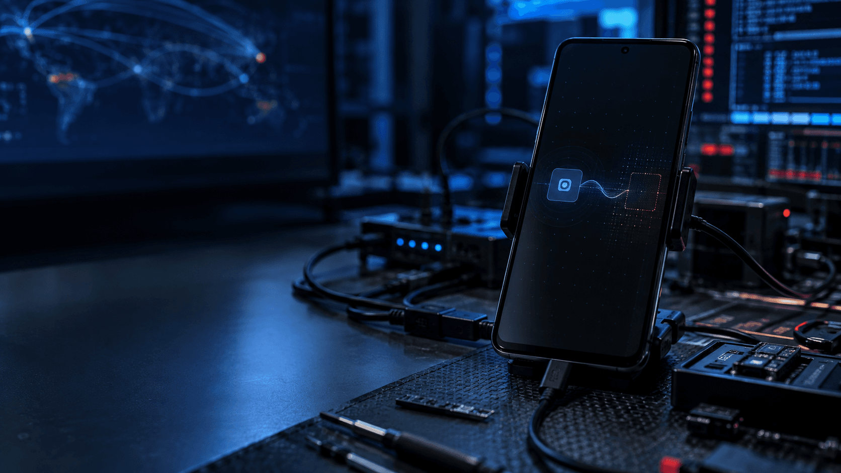 A smartphone sits on a mobile forensics bench with a hidden debugging connection extending beyond the app.