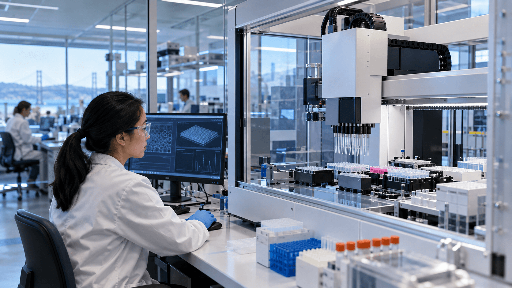 A scientist supervises a robotic liquid-handling system in a modern biology laboratory.