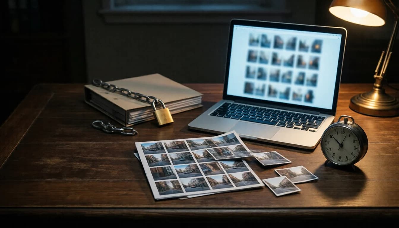 A laptop showing a grid of photo tiles, printed photo grids, a chained and padlocked binder and a clock on a wooden desk.