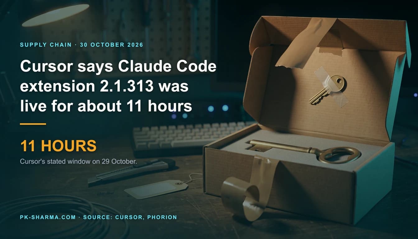 A kraft cardboard parcel on a dark workbench, flaps open and its packing tape cut and curling away. Inside, a large brass key rests in grey foam while a second small brass key is taped under the lid. A box cutter, a coil of cable and a blank swing tag lie beside it under a warm lamp. The left side is dark teal with the headline: Cursor says Claude Code extension 2.1.313 was live for about 11 hours. Stat: 11 HOURS.