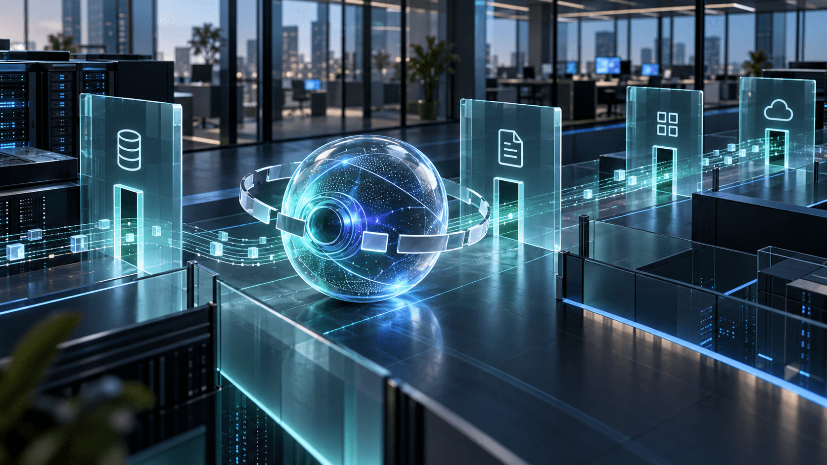 Editorial illustration of an AI agent moving through scoped permission gates in an enterprise network.