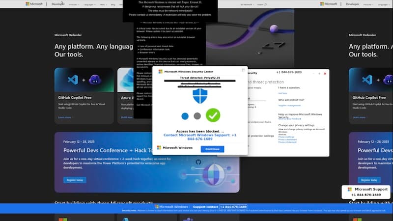 Infoblox-published example of a fraudulent Microsoft-themed support warning over a browser, with a fake support number. This is a scam example, not a real Microsoft alert.