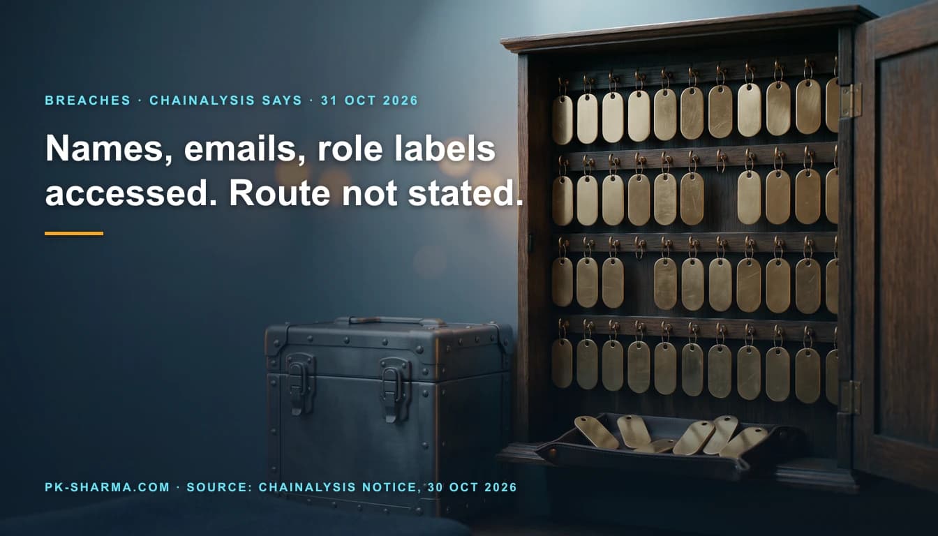 A tall dark oak wall cabinet stands open with rows of identical blank brass key tags hanging from small hooks. A handful of tags have been lifted off, leaving empty hooks, and lie together in a leather tray below. Beside it a heavy riveted steel case with two closed latches stays shut. Cool slate blue light with warm amber bokeh. On the left, drawn text reads Names, emails, role labels accessed. Route not stated, with a source line naming the Chainalysis notice.