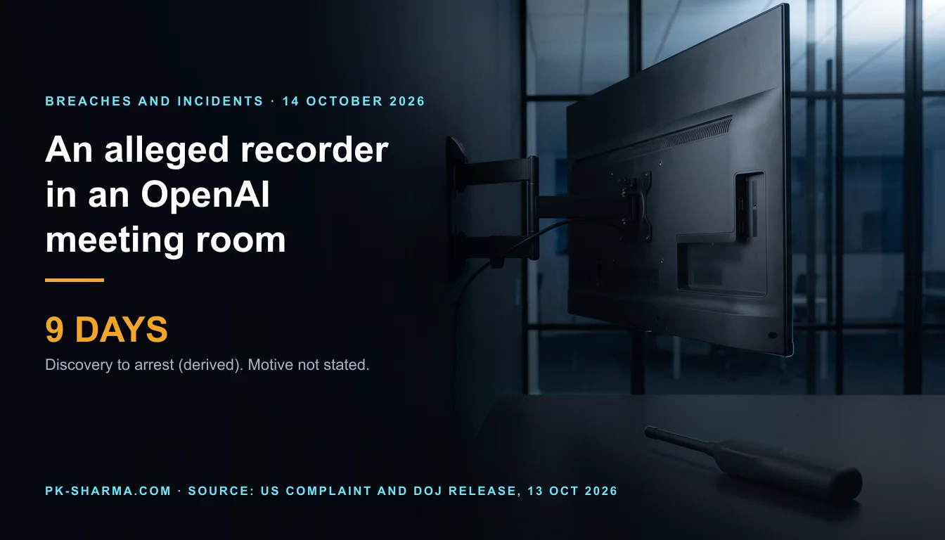 A dark glass-walled meeting room at night. A wall-mounted television is swung out on a black arm so that its plain back panel and an empty recessed socket bay are visible, and a handheld detector wand lies on the table at the lower right. The left half is empty dark blue with the headline drawn over it: An alleged recorder in an OpenAI meeting room, and the figure 9 days.
