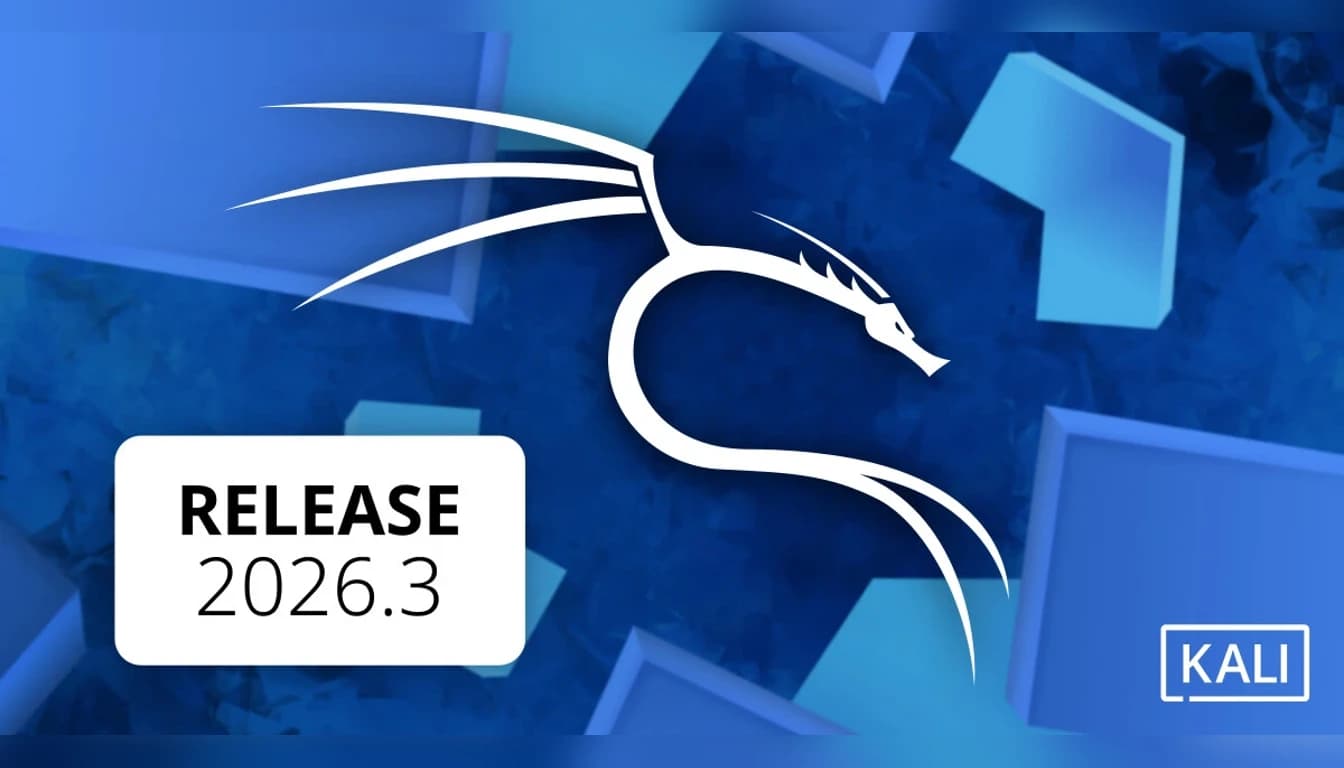 Kali Linux 2026.3 release banner: the white Kali dragon logo on a blue background of tilted blocks, a white box reading Release 2026.3, and the Kali wordmark at the bottom right.