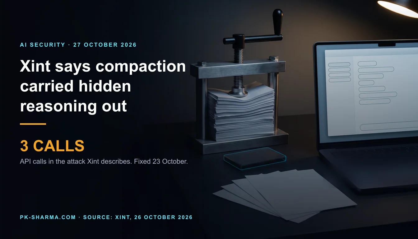 A dark workbench at night. A small brushed steel screw press with a black crank crushes a tall stack of blank white paper. In front of it sits a small sealed slab of dark smoked glass with a cyan rim. A fan of blank white sheets lies beside it, and a laptop on the right shows a window made only of empty rounded shapes. The left half is empty dark, with the headline and a stat drawn over it: 3 calls.