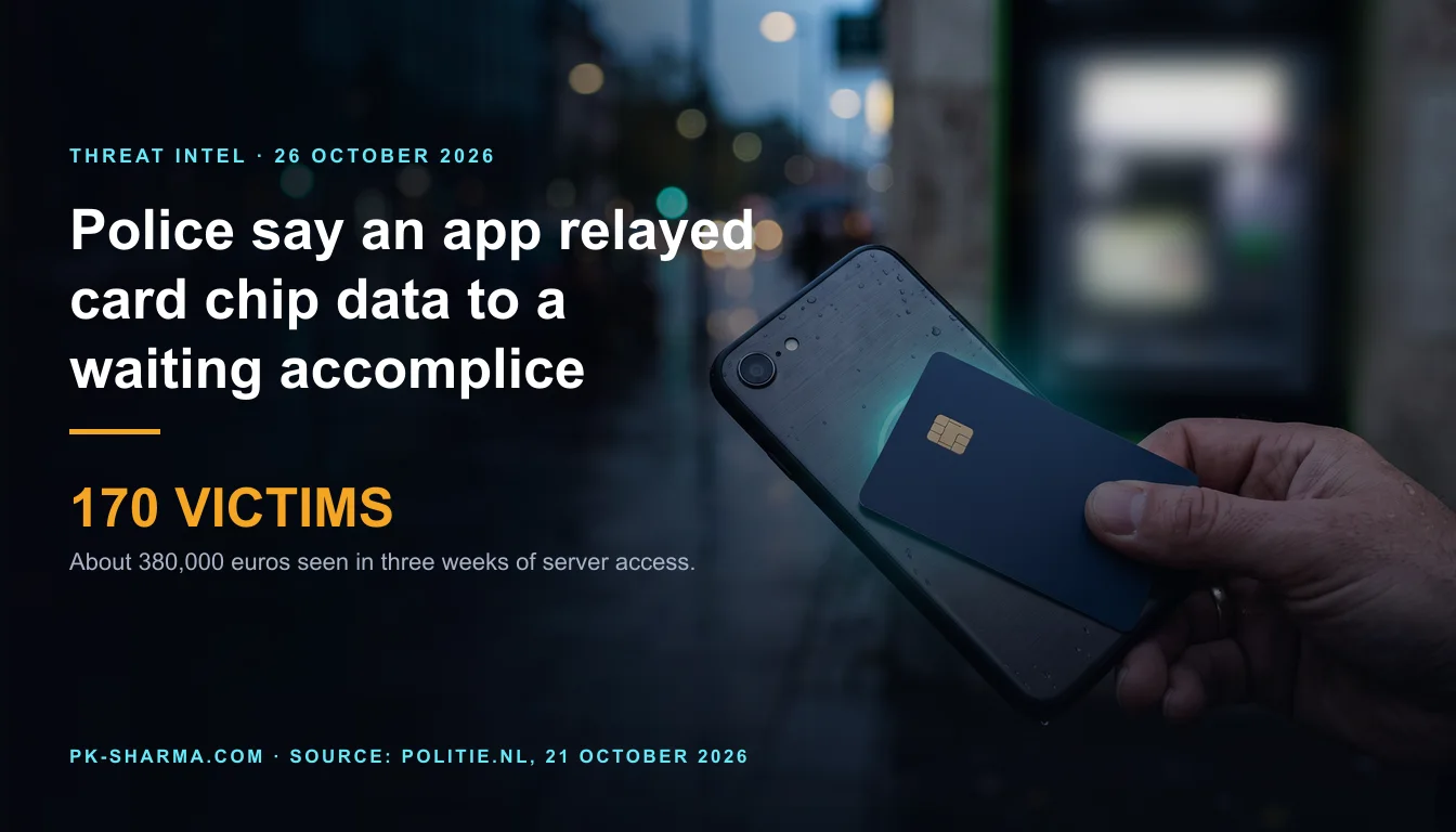 A bare hand holds a plain dark blue bank card with only a gold chip square against the back of a matte graphite smartphone in a rainy dusk street, with a thin cyan glow between them. A cash machine is out of focus at upper right. The left half is dark and carries the headline, 170 victims and a one line note.