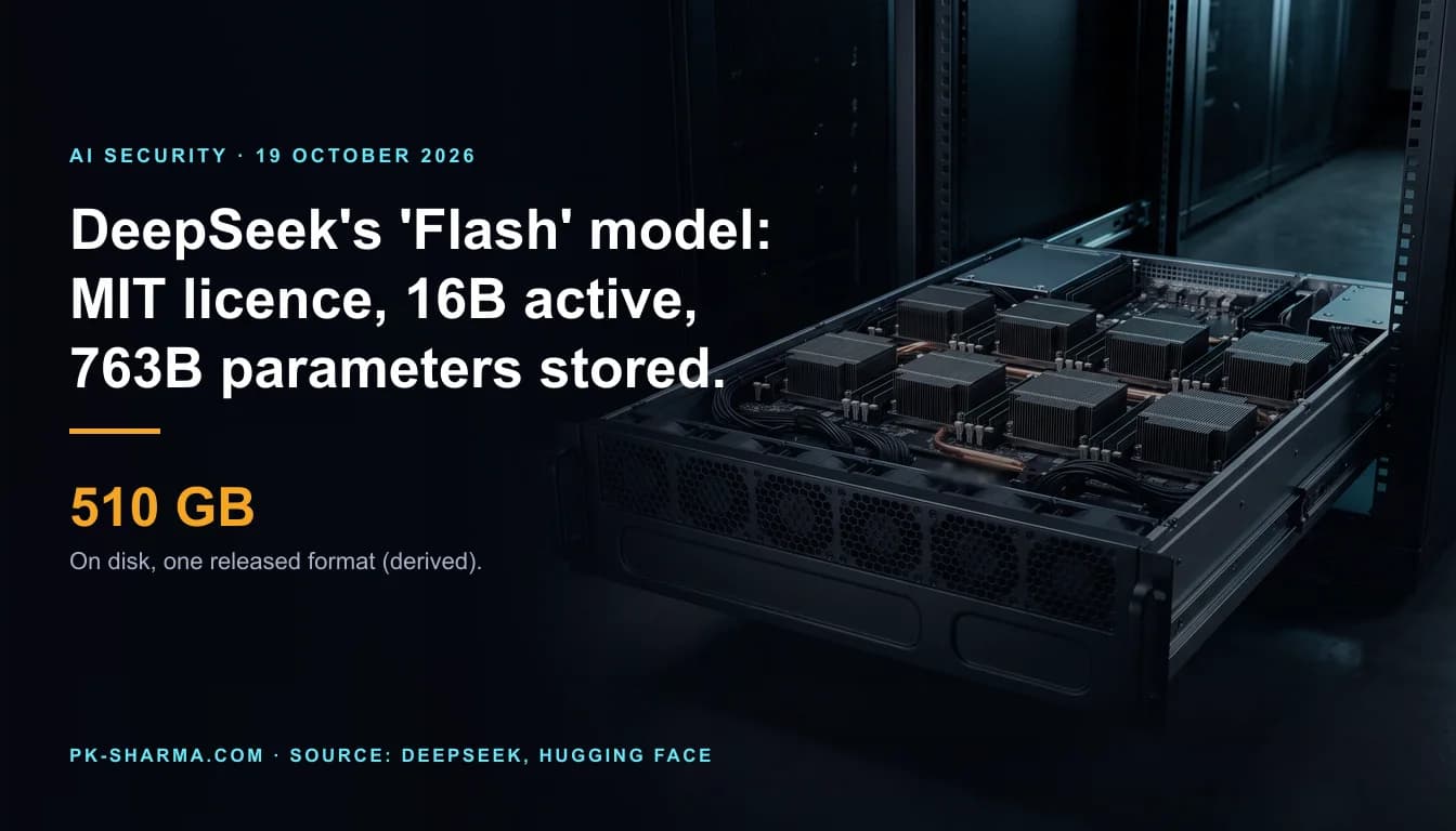 A black GPU server pulled halfway out of a dark equipment rack on steel slide rails, its lid off, showing a row of eight finned graphite heatsinks and two empty recessed plates on the front panel. The left half of the image is empty dark navy, with the headline and a stat drawn over it: 510 GB, on disk, one released format.