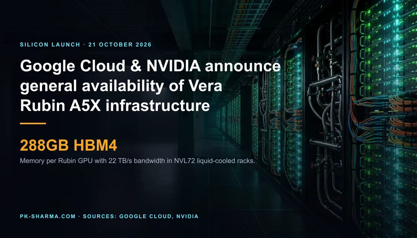 Cinematic photograph of enterprise datacenter server racks with glowing emerald liquid-cooling lines on the right and dark negative space with typography on the left.