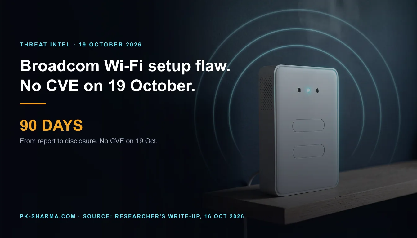 A matte white home broadband router stands on an oak shelf in a dark hallway, with four faint cyan rings of light around it and one softly lit indicator. The left half is empty dark navy, carrying the headline Broadcom Wi-Fi setup flaw, no CVE on 19 October, and the stat 90 days.