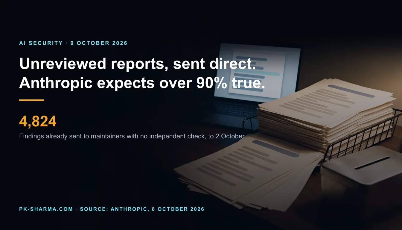 A dark desk at night. A black wire in-tray is buried under a slumping heap of identical blank report sheets, each with an empty title bar and rows of grey bars where text would be, and some sheets have slid across the desk. A small closed steel box with one narrow empty slot stands beside it, and behind them a laptop shows a plain list of blank rows with one cyan row. Nothing is written anywhere and nobody is in the room.