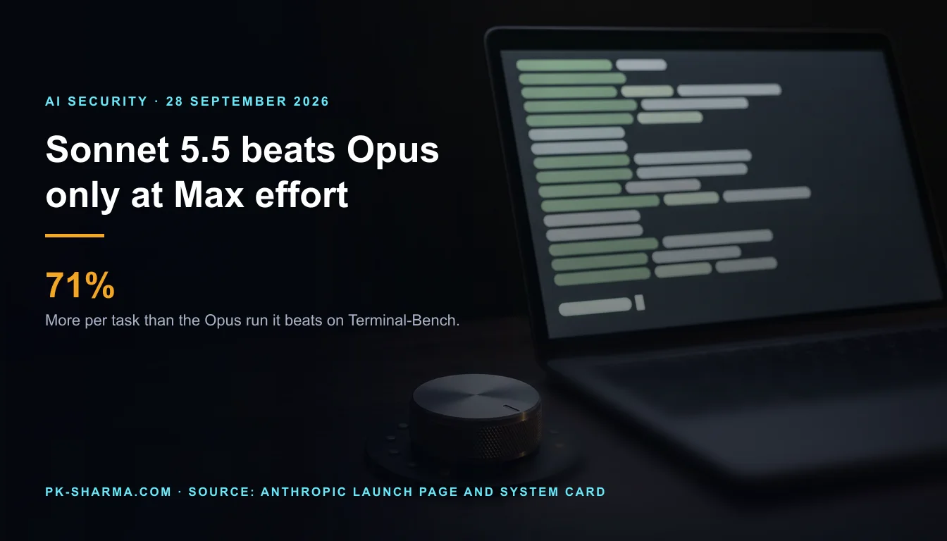Editorial illustration for the briefing: Sonnet 5.5 beats Opus 5.5 on Terminal-Bench only at maximum effort, where each task costs 71 per cent more