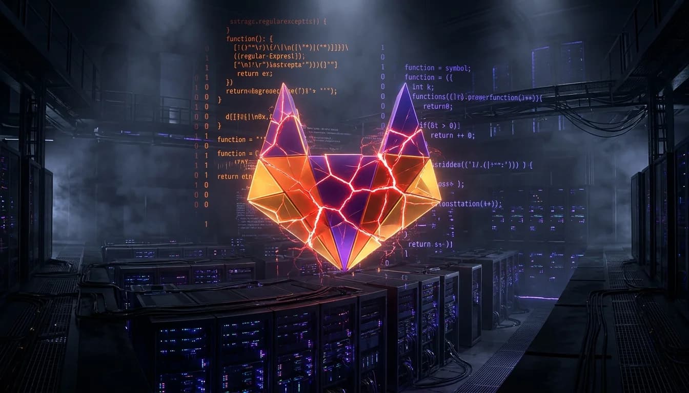 A luminous geometric orange and violet polygon with spidering crimson fractures floating above enterprise server racks and cascading regular expression code syntax.