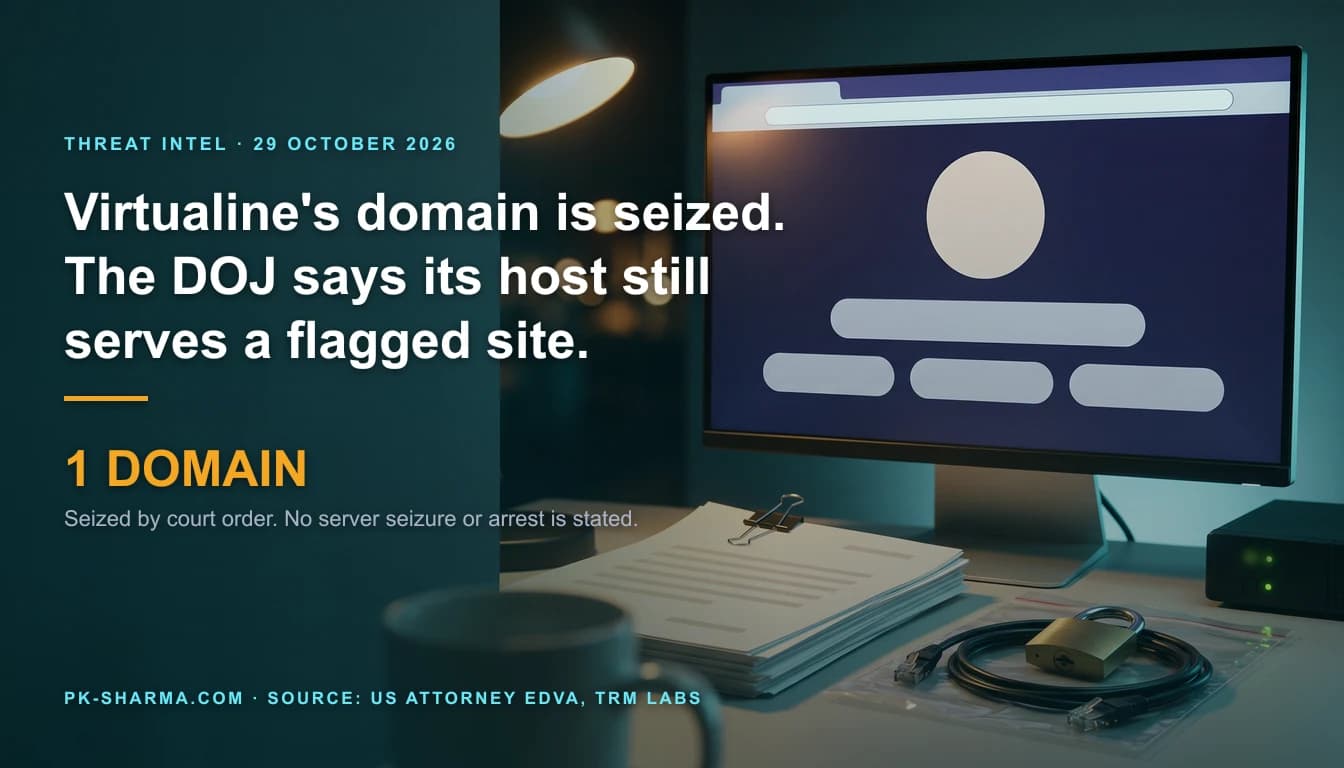 An investigator's desk at dusk in teal and amber light. A large monitor shows a web page replaced by a blank seizure notice: a plain round disc and empty grey bars. Beside it a small black server still shows green lights. In front lie a clipped stack of blank papers and an evidence bag holding a network cable and a brass padlock. The headline on the left reads: Virtualine's domain is seized. The DOJ says its host still serves a flagged site. 1 domain.