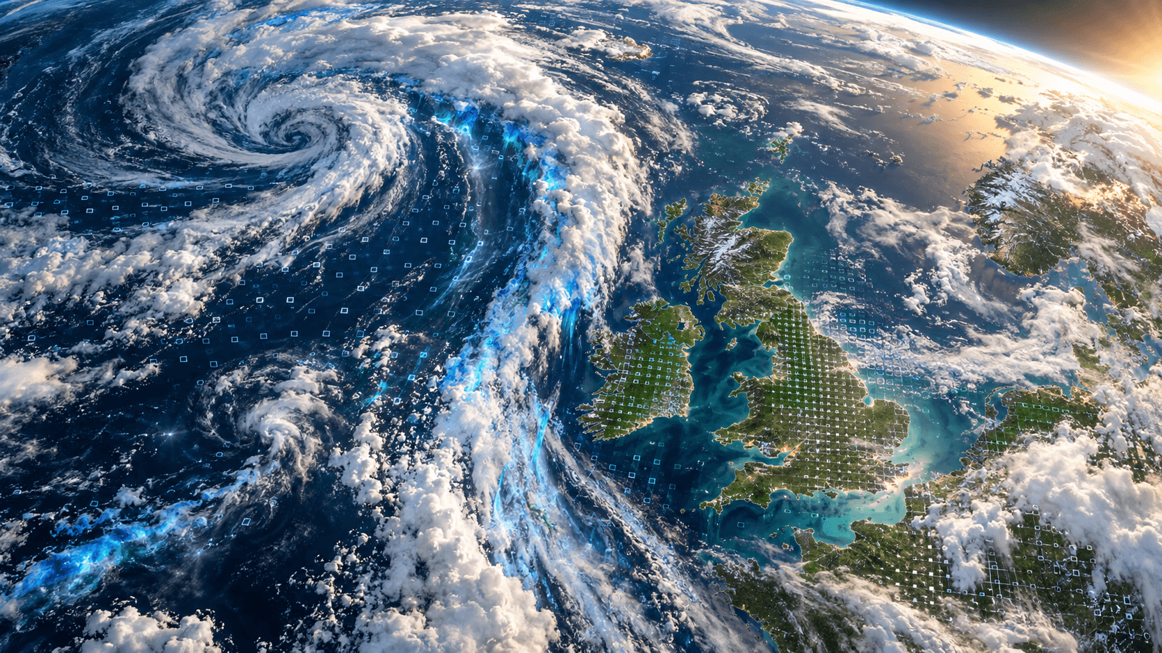 A detailed satellite view of the British Isles beneath an Atlantic weather system and fine forecast grid.