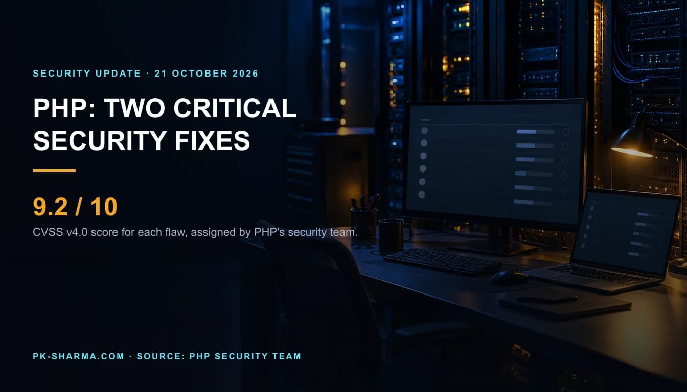 Editorial illustration of an unbranded server maintenance desk with empty update rows on two screens. The headline states that PHP has two critical security fixes, each rated 9.2 out of 10.