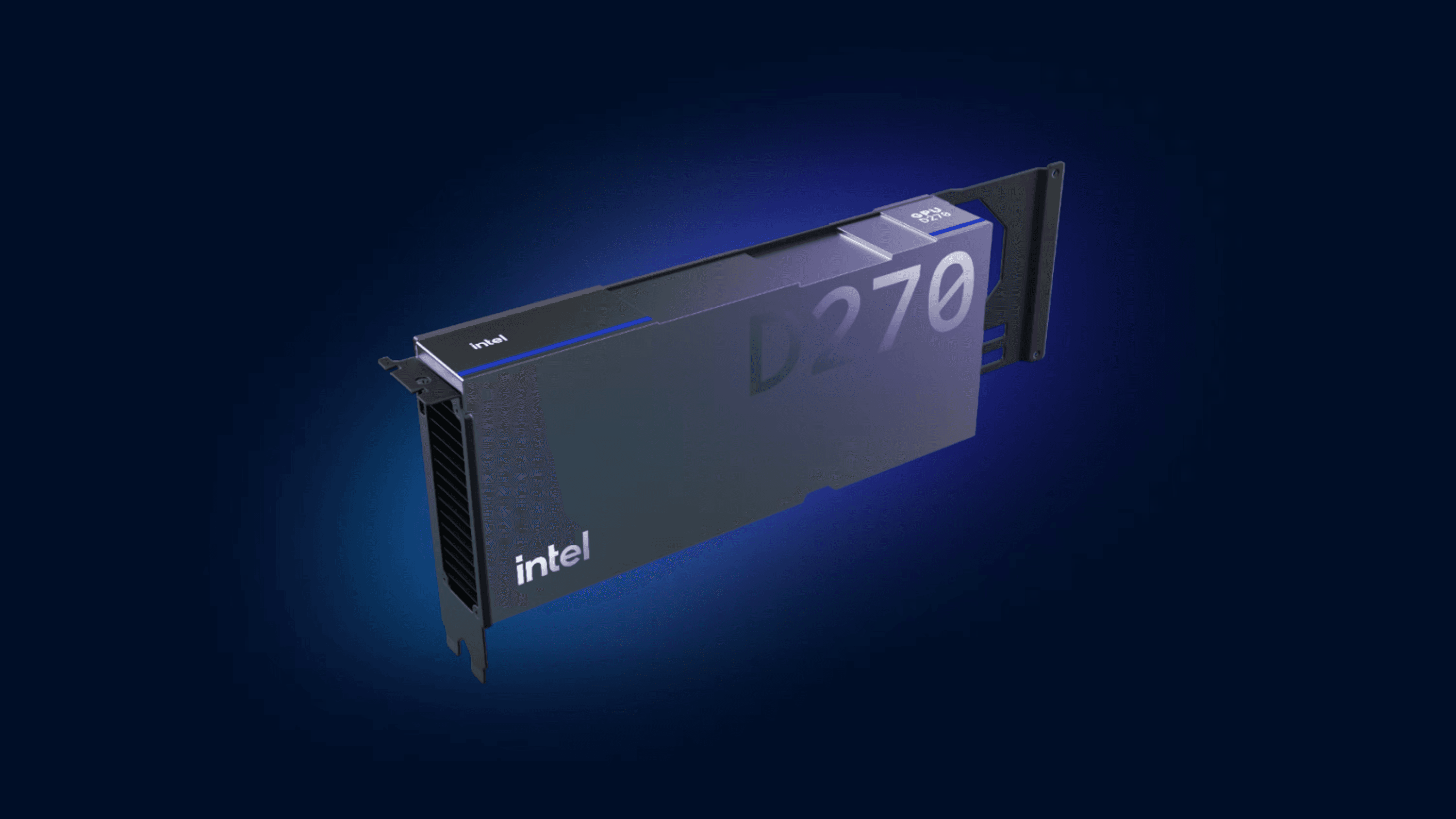 Intel D270 PCIe accelerator shown at an angle against a dark blue background.