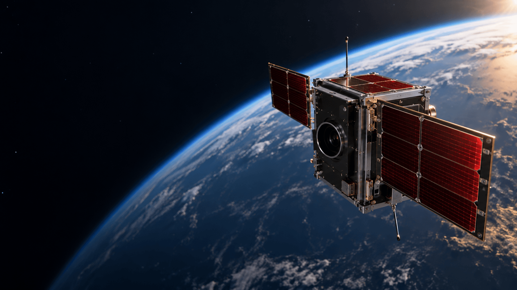 Generic editorial illustration of a small satellite above Earth.