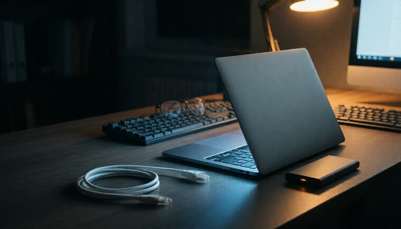 A partly open laptop, a keyboard, a coiled network cable and a small drive on a desk at night.