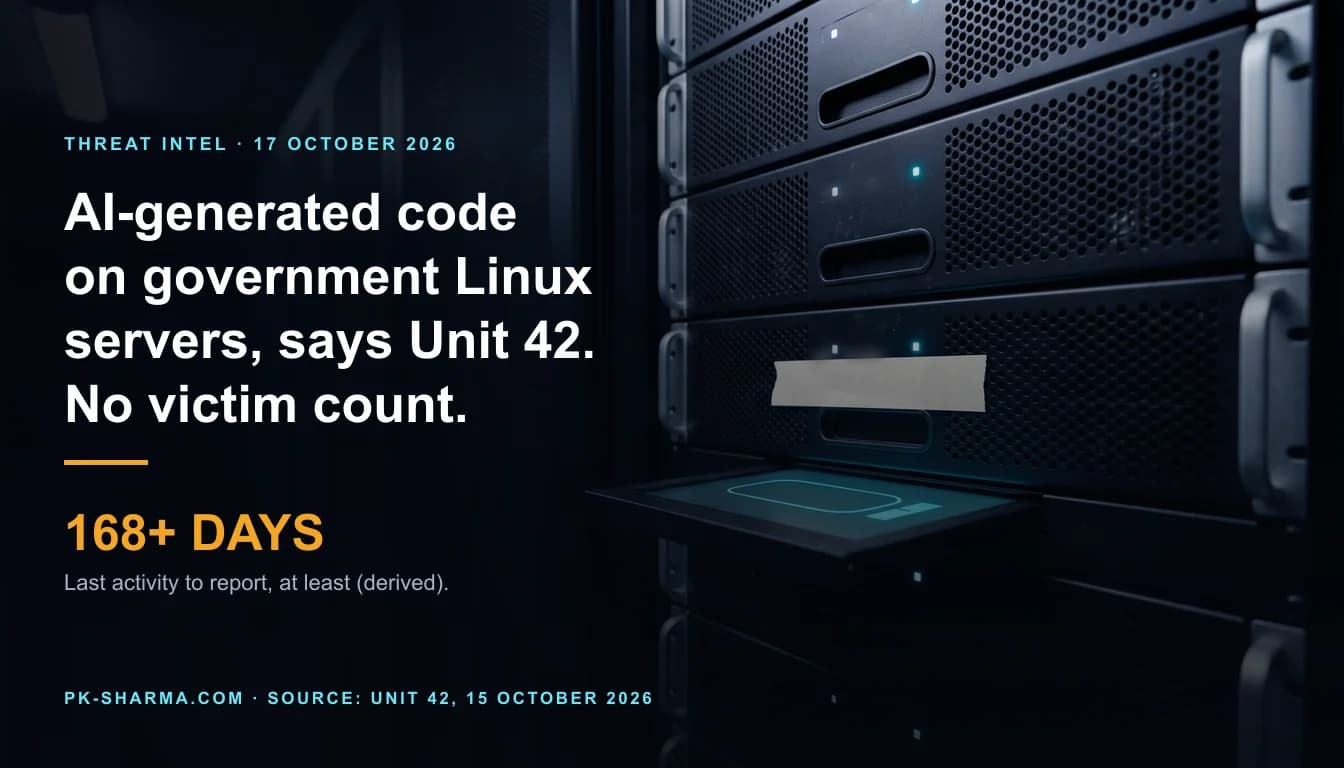 A dark server hall in cool blue light. A row of identical black rack servers with perforated mesh fronts and small round status lights fills the right of the frame. On the middle server a strip of plain pale tape lies across the handle, blank. A slim console tray below it holds a small lit screen showing only an empty rounded pill and one block cursor. The left half is empty dark blue, with the headline and a stat drawn over it: 168+ days.