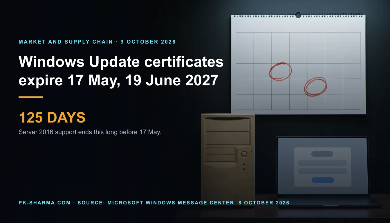 An old beige computer tower, switched off, stands beside a graphite laptop with a blank pale-blue screen, under a wall calendar with an empty grid and two cells ringed in red. Text on the left reads: Windows Update certificates expire 17 May, 19 June 2027. 125 days: Server 2016 support ends this long before 17 May.