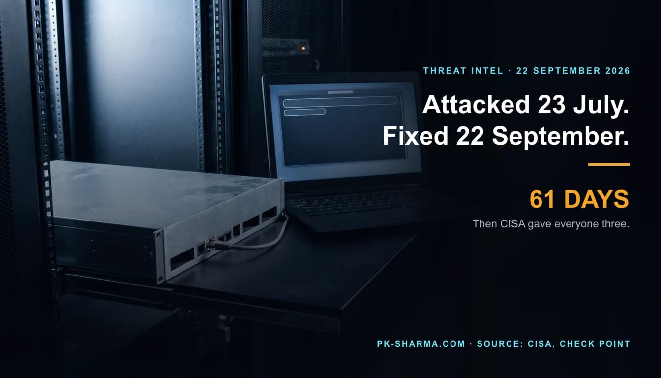 Editorial illustration for the briefing: Four KEV entries, one 61 day gap: Check Point's management server was attacked in July, fixed in September