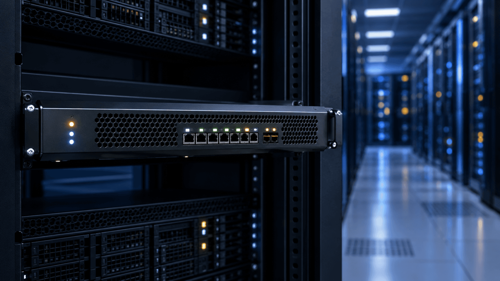 Conceptual dark server rack and gateway representing a remote support appliance; no real BeyondTrust system is shown.