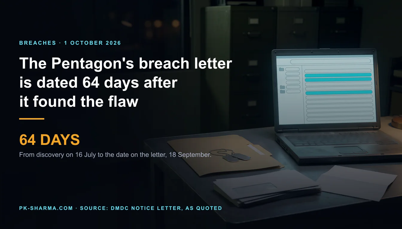Editorial illustration for the briefing: The Pentagon's breach letter is dated 64 days after the flaw was found, and says accessed, not stolen
