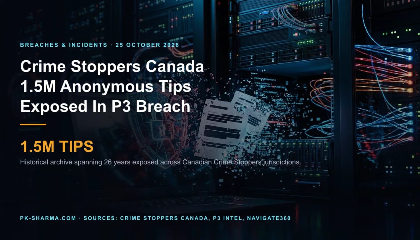 Editorial illustration for the briefing: Crime Stoppers Canada shuts web tip portals after breach exposes 1.5m records