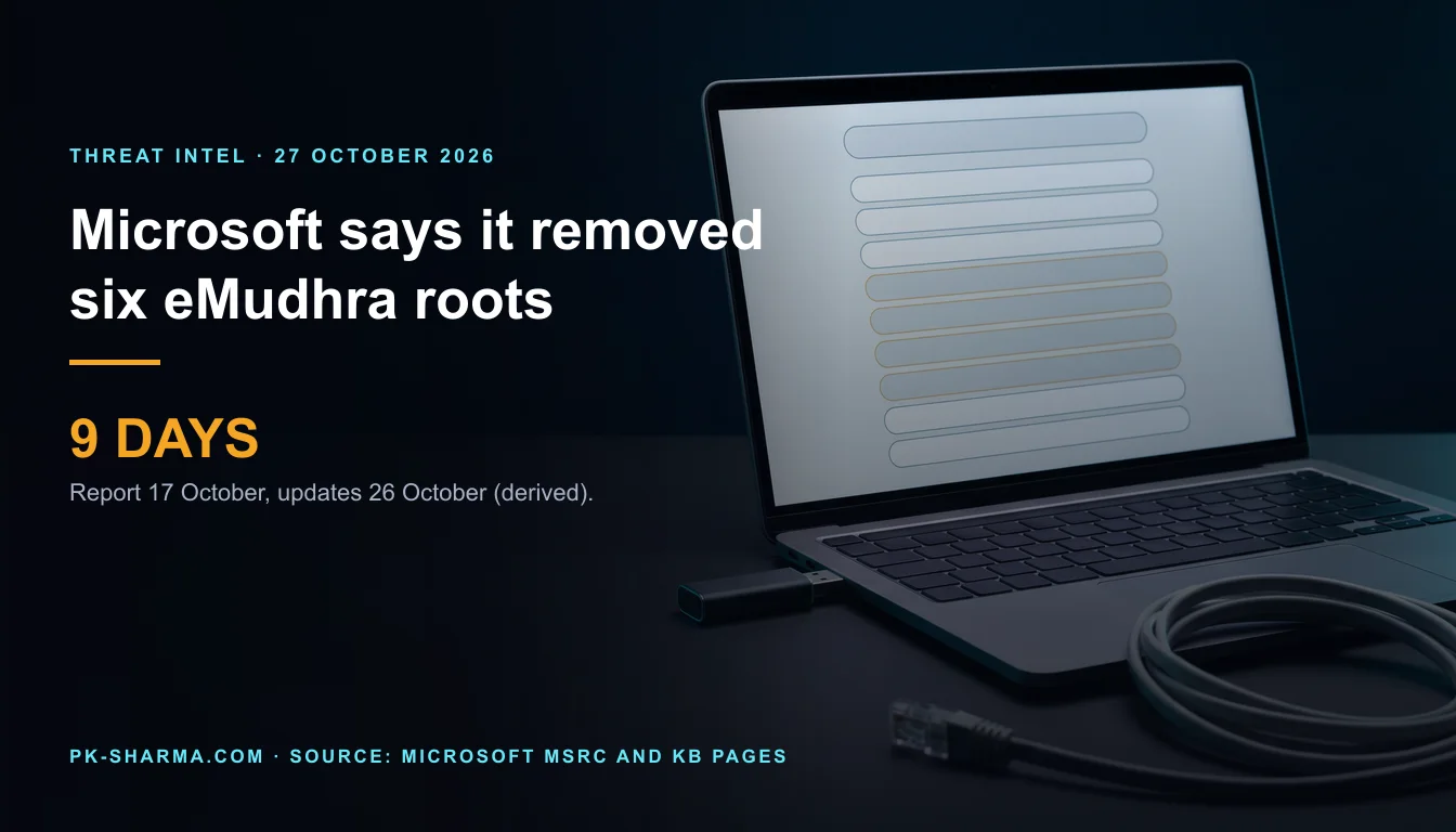 A dark desk at night. An open laptop shows a list of nine blank rounded rows, four of them dimmed and outlined in amber as removed. A USB stick is plugged into its side and an unplugged network cable lies coiled in front. The left half is dark, with the headline and a stat drawn over it: Microsoft says it removed six eMudhra roots, 9 days.