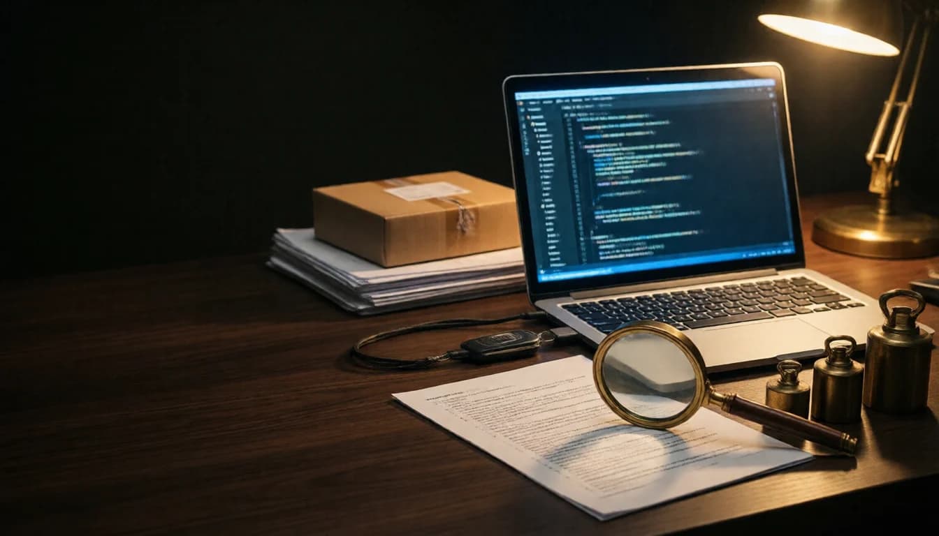 A laptop showing code, a parcel on papers, a magnifying glass over a document and a set of balance weights on a desk.