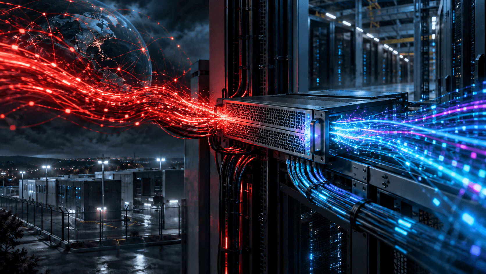 Editorial illustration of a customer-managed edge appliance receiving hostile red network traffic while trusted blue traffic continues into a data centre.