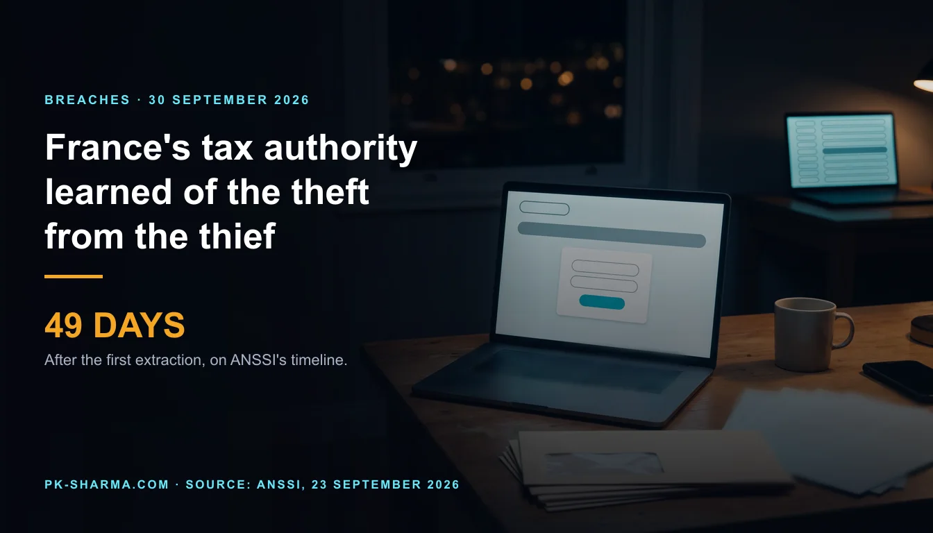 Editorial illustration for the briefing: France's tax authority learned of the theft 49 days after it began, from the thief's own claim