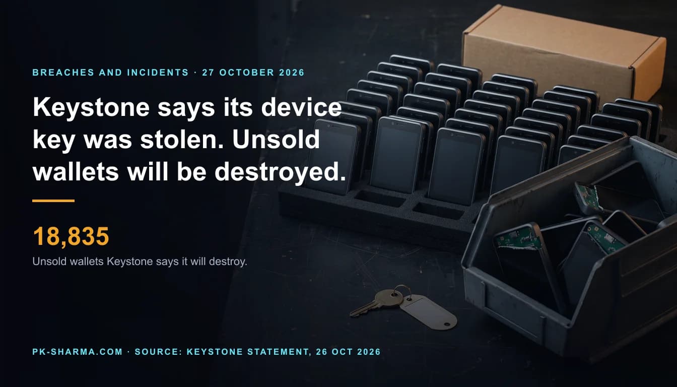 A dark stockroom workbench. A black foam tray holds rows of identical small handheld devices with blank dark screens, with gaps in the front row. A grey steel scrap bin beside it holds devices, some snapped open to show green circuit boards. A brass key on a blank white tag lies on the bench. The left half is empty dark space carrying the headline and the figure 18,835.
