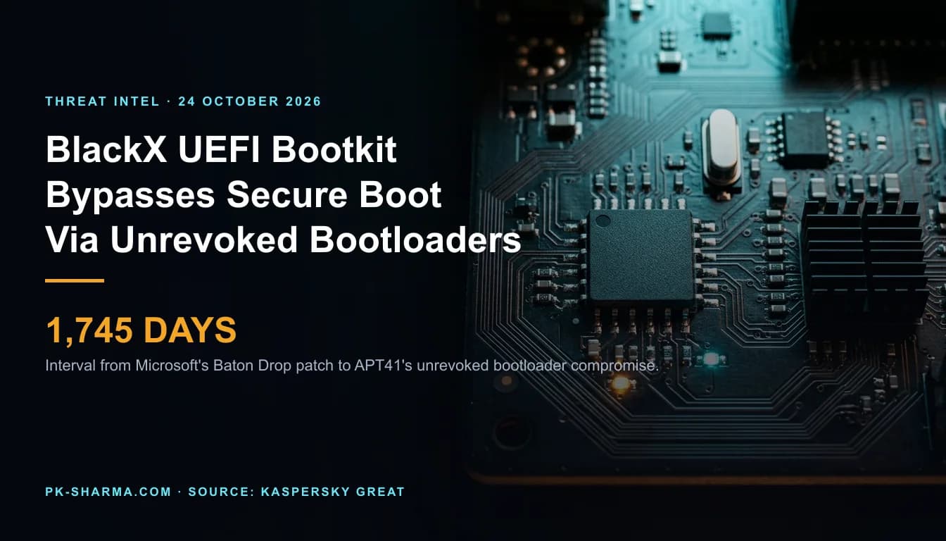 An enterprise workstation motherboard with illuminated UEFI firmware traces and a glowing Secure Boot shield fracturing under cryptographic bypass.