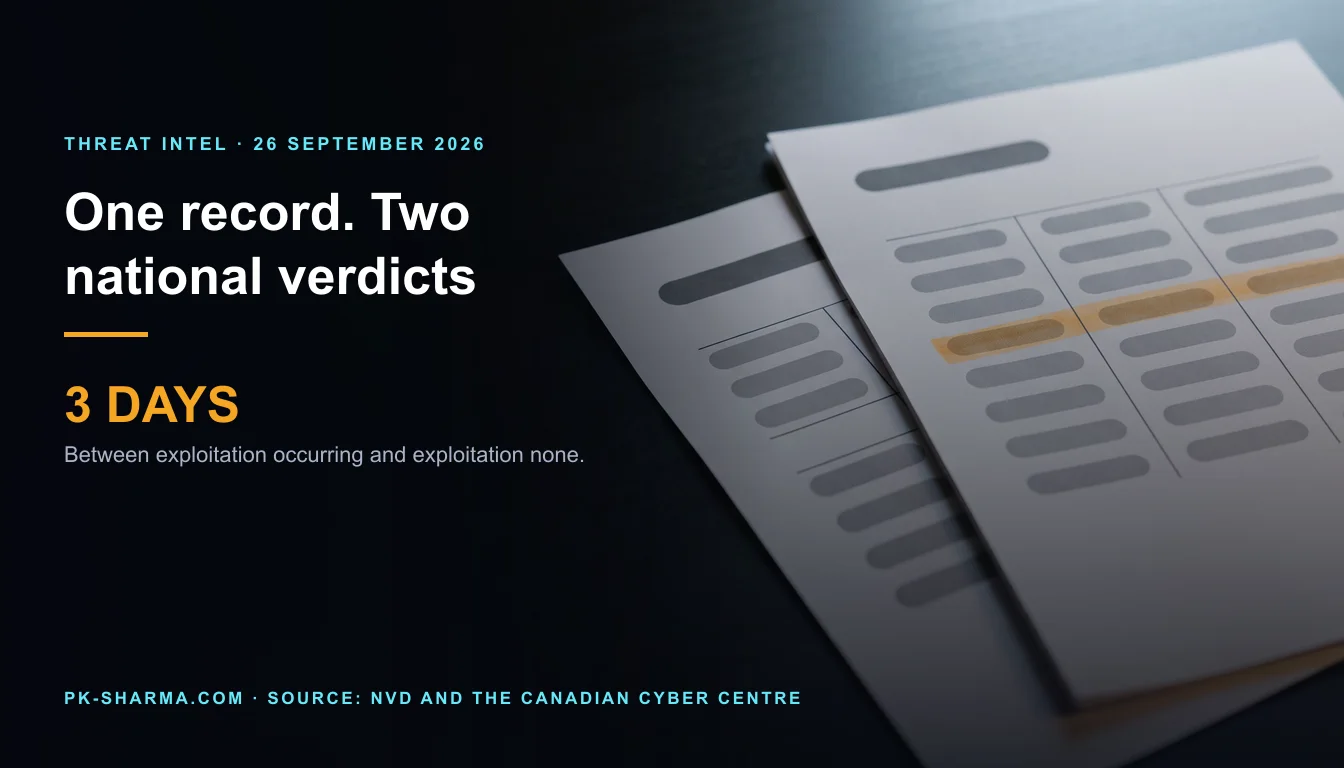 Editorial illustration for the briefing: Canada says this flaw is being exploited. CISA's own machine-readable record, three days later, says none
