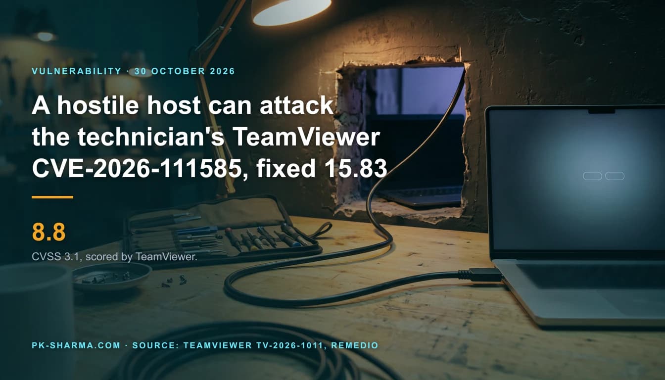 A technician's repair bench in warm lamp light with an open laptop, a canvas roll of small screwdrivers and a magnetic tray of screws. A long black cable runs from a small hatch cut in the wall, where a second dark laptop sits in shadow, across the bench into the technician's laptop. The left half is a dark teal blur carrying the headline over it: a hostile host can attack the technician's TeamViewer, CVE-2026-111585, fixed 15.83, and the score 8.8.