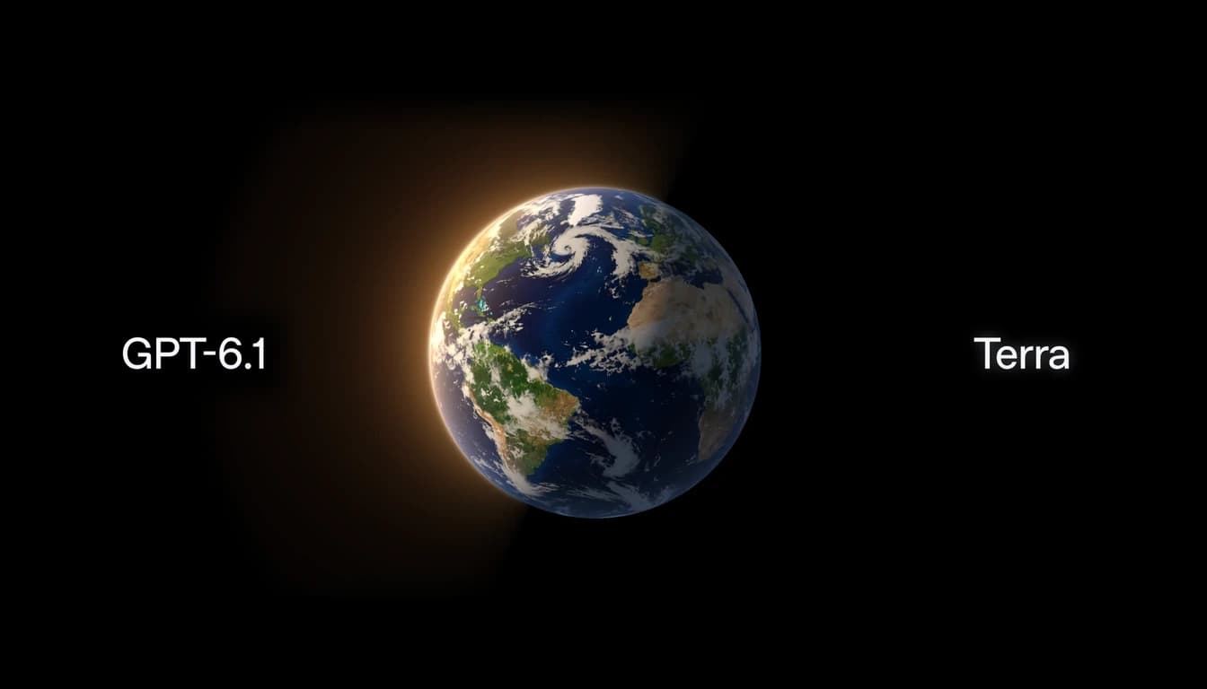 OpenAI's launch image for GPT-6.1 Terra: the Earth lit from the left, with the words GPT-6.1 to its left and Terra to its right