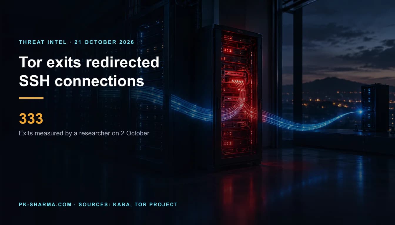 Editorial illustration of network servers with a blue route diverted through a red intermediary node, representing reported SSH interception at Tor exit relays. Headline identifies 333 measured exits and 12 interception servers.