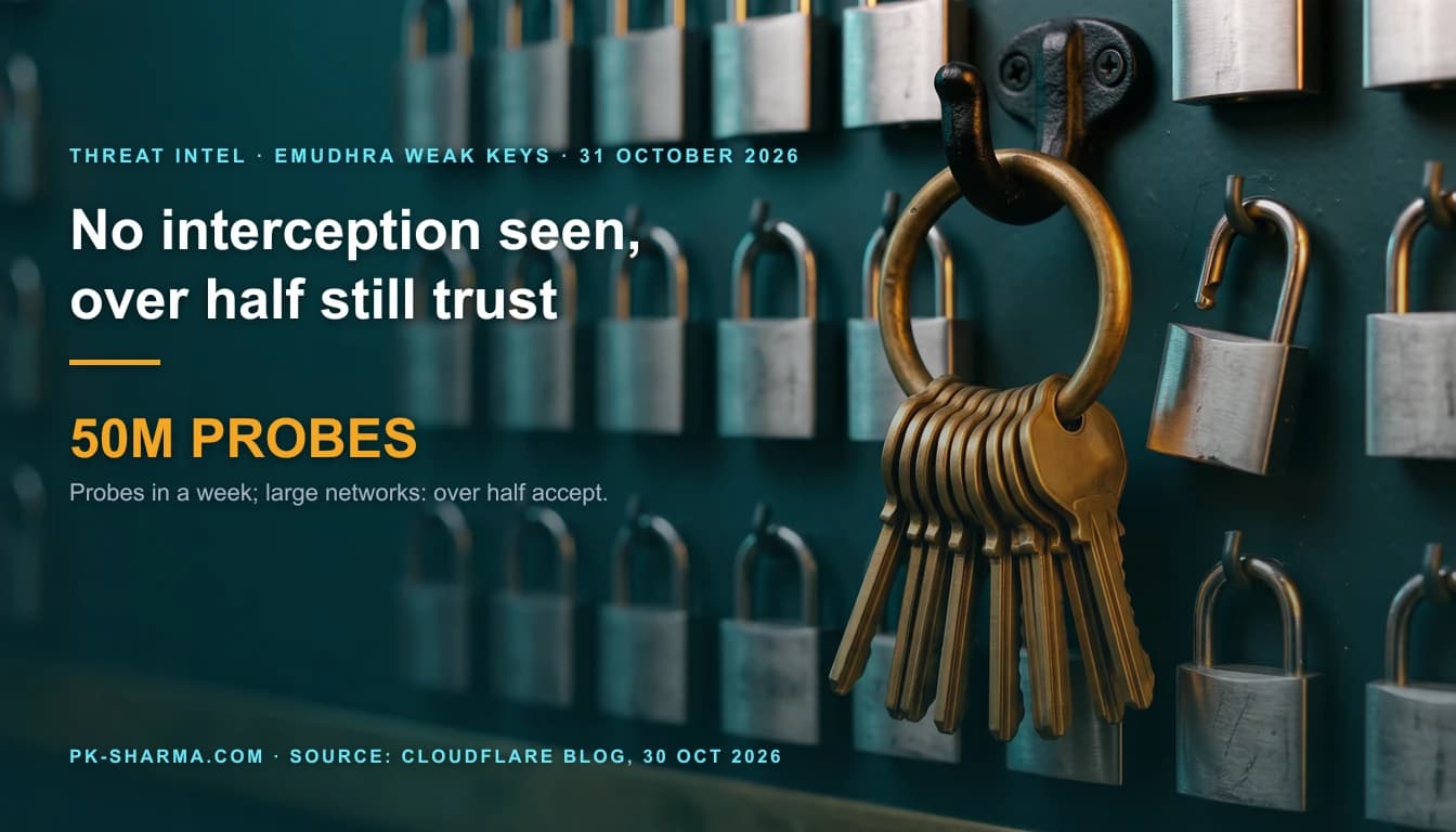 A heavy brass key ring with a cluster of identical brass keys hangs from a black iron hook in front of a wall of small steel padlocks on dark teal plate, one padlock hanging open. The left half is a calm dark teal blur carrying the headline and a stat drawn over it: no interception seen, over half still trust, 50M probes.