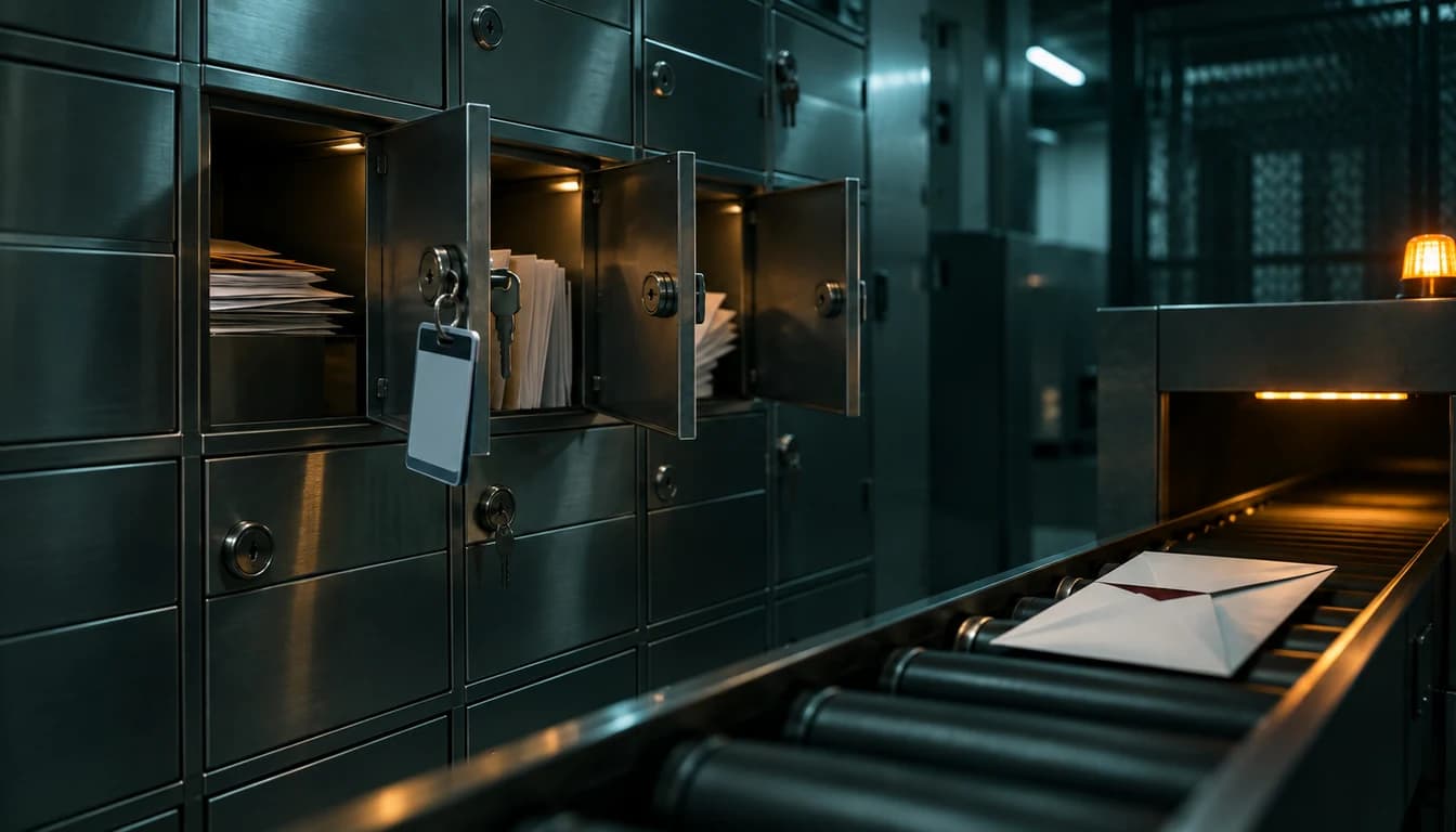AI-generated identity-security scene of one access badge opening several tenant mail compartments beside a mail conveyor.